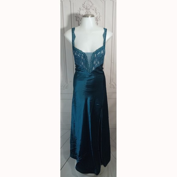 VTG Victoria's Secret Gold Label Teal Satin & Lace Long Slip Dress Gown Sz M - Picture 2 of 9